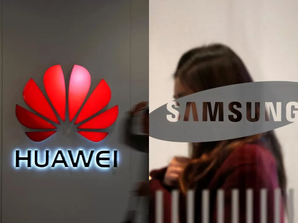 Kiri: Logo Huawei, Kanan: Logo Samsung (photo/REUTERS/Aly Song/Kim Hong-Ji)