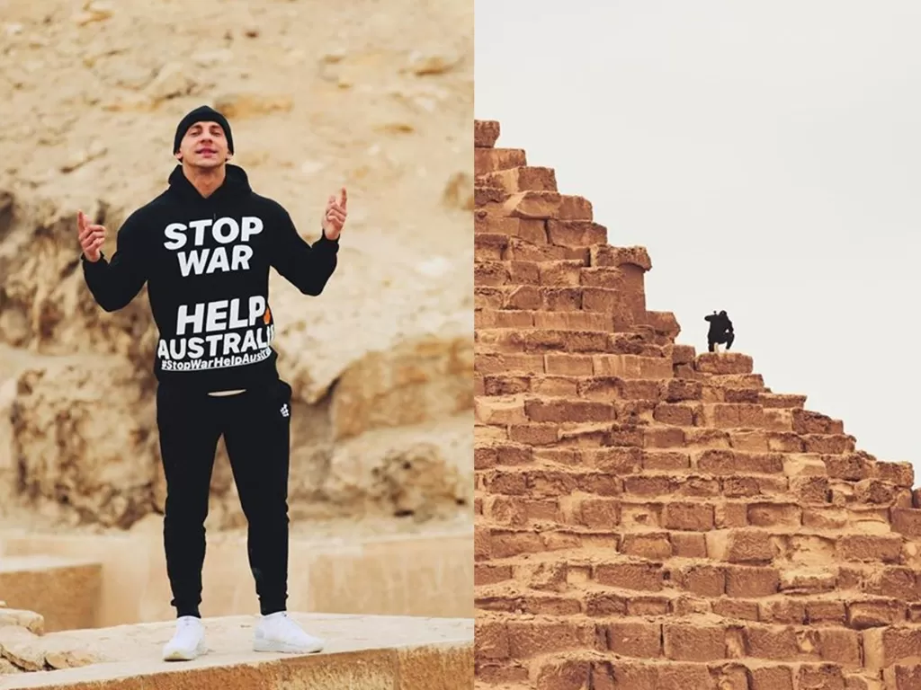 Aksi nekat Vitaly Zdorovetskiy yang memanjat Piramida Giza di Mesir. (Instagram/kingvitaly)