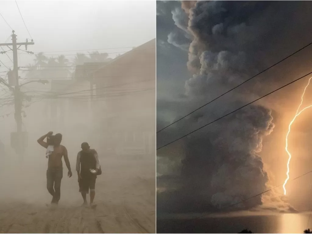 Kiri: Warga mengungsi pasca erupsi Gunung Taal (REUTERS/Cheslie Andal). Kanan: Potret erupsi GunungTaal (REUTERS/Eloisa Lopez)