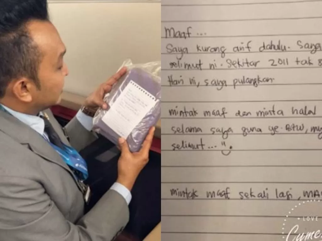 Awak kabin Malaysia Airlines, Kamarulzaman Abd Karim menemukan paket selimut ketika tengah memeriksa kondisi kabin pesawat. (Twitter/Hazrey)