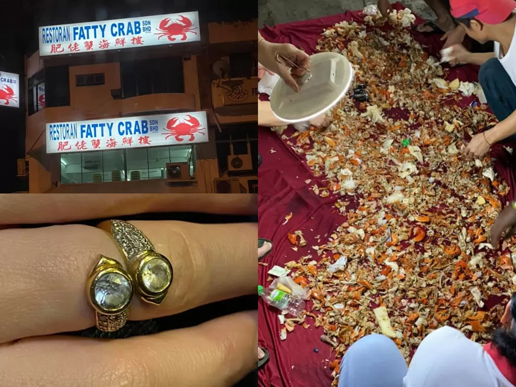 Kiri: Restoran kepiting dan cincin yang ditemukan. (photo/Facebook/Daryl William Bridger) Kanan : Setengah pekerja restoran yang mencari cincin di tiga tong tumpukan sampah. (photo/Facebook/Daryl William Bridger)