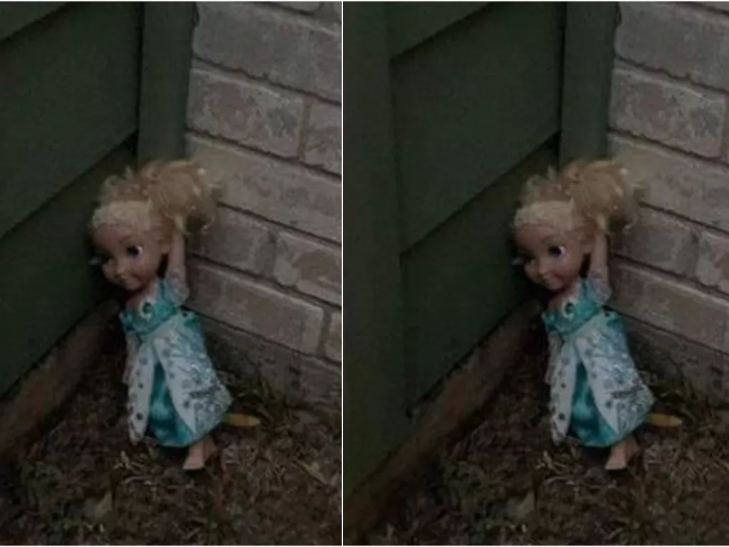 Boneka Elsa berhantu yang ditemukan di sebuah sudut rumah setelah dibuang beberapa minggu. (Facebook)