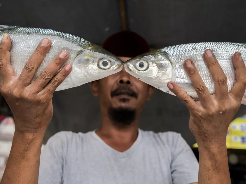 Pedagang musiman menunjukkan ikan Bandeng dagangannya jelang perayaan Hari Raya Imlek di sepanjang jalan Rawa Belong, Jakarta, Rabu (22/1/2020). (ANTARA FOTO/Galih Pradipta)