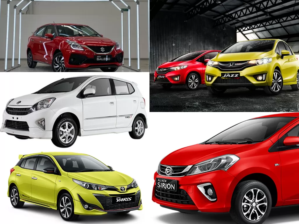 Kolase, arah jarum jam, Suzuki Baleno (Suzuki), Honda Jazz (Honda), Daihatsu Sirion (Daihatsu), Toyota Yaris (Toyota), Toyota Agya (Toyota).