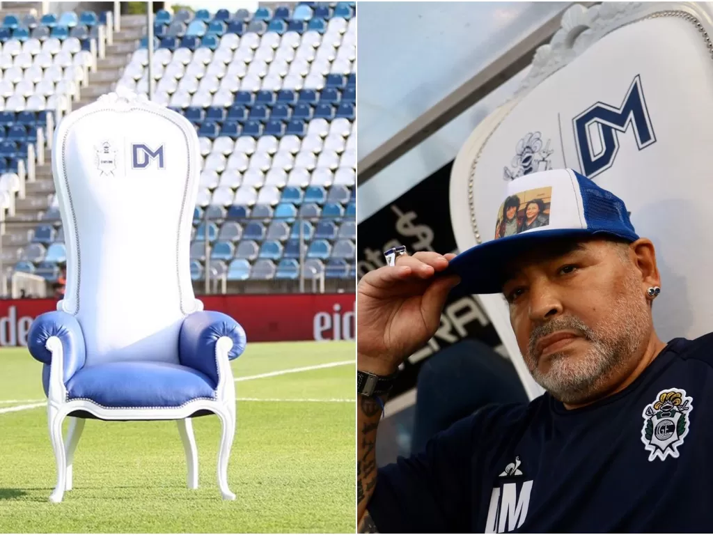 Kiri: Foto kursi tahta untuk Diego Maradona (Instagram/gimnasia_oficial). Kanan: Maradona sedang duduk di kursi tahtanya (Twitter/@gimnasiaoficial)