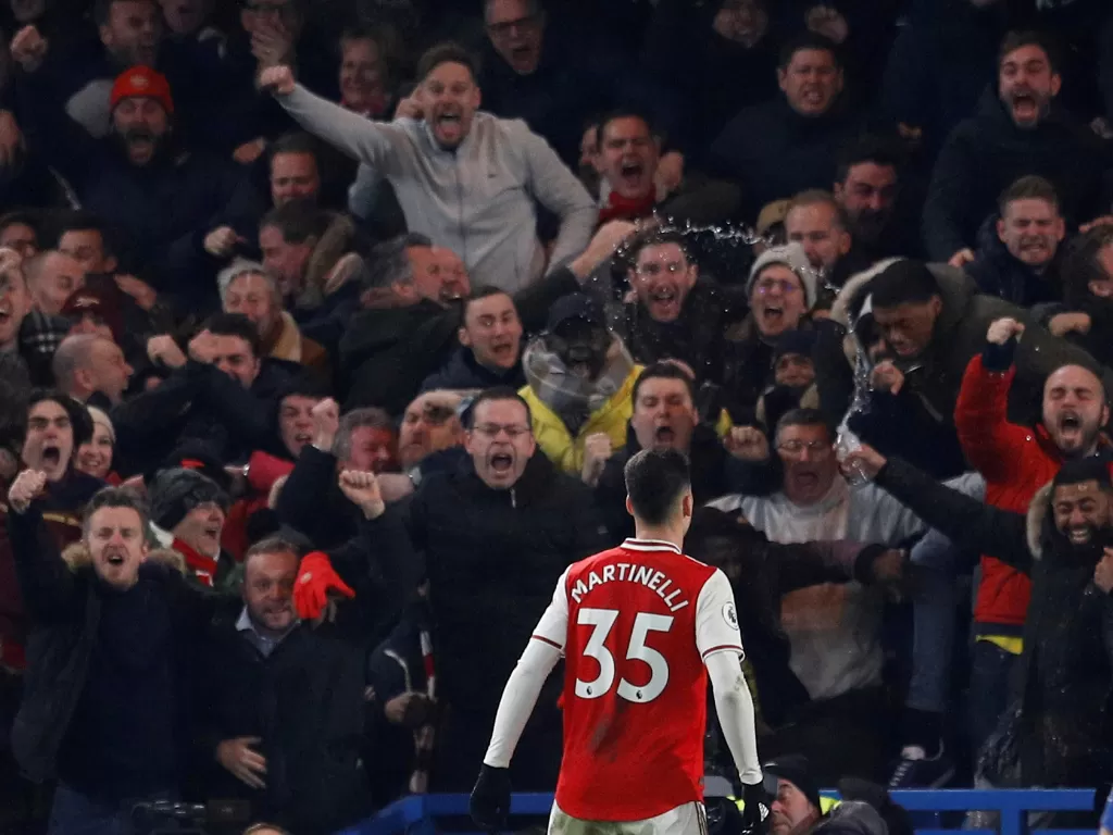 Penyerang Arsenal,Gabriel Martinelli melakukan selebrasi usai mencetak gol ke gawang lawan. (REUTERS/Peter Nicholls)