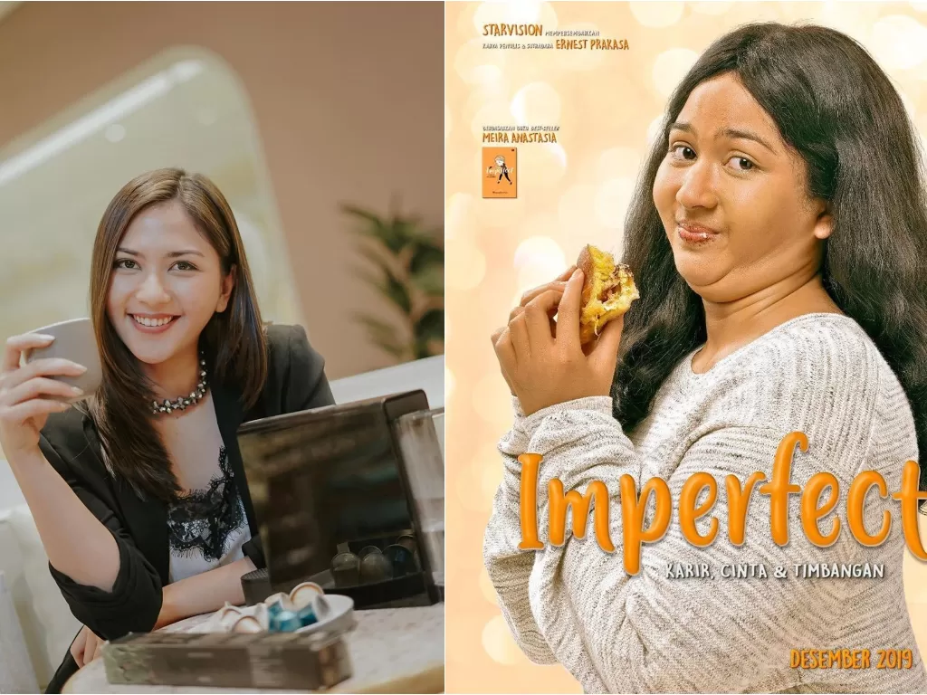 Kiri: Jessica Mila saat langsing. Kanan: Jessica Mila sat memerankan Rara, wanita gemuk di film 'Imperfect' (instagram/@jscmila)