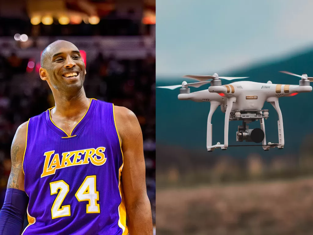 Kiri: Kobe Bryant, Kanan: Ilustrasi Drone (photo/REUTERS/Jerome Miron/Unsplash/Jared Brashier)