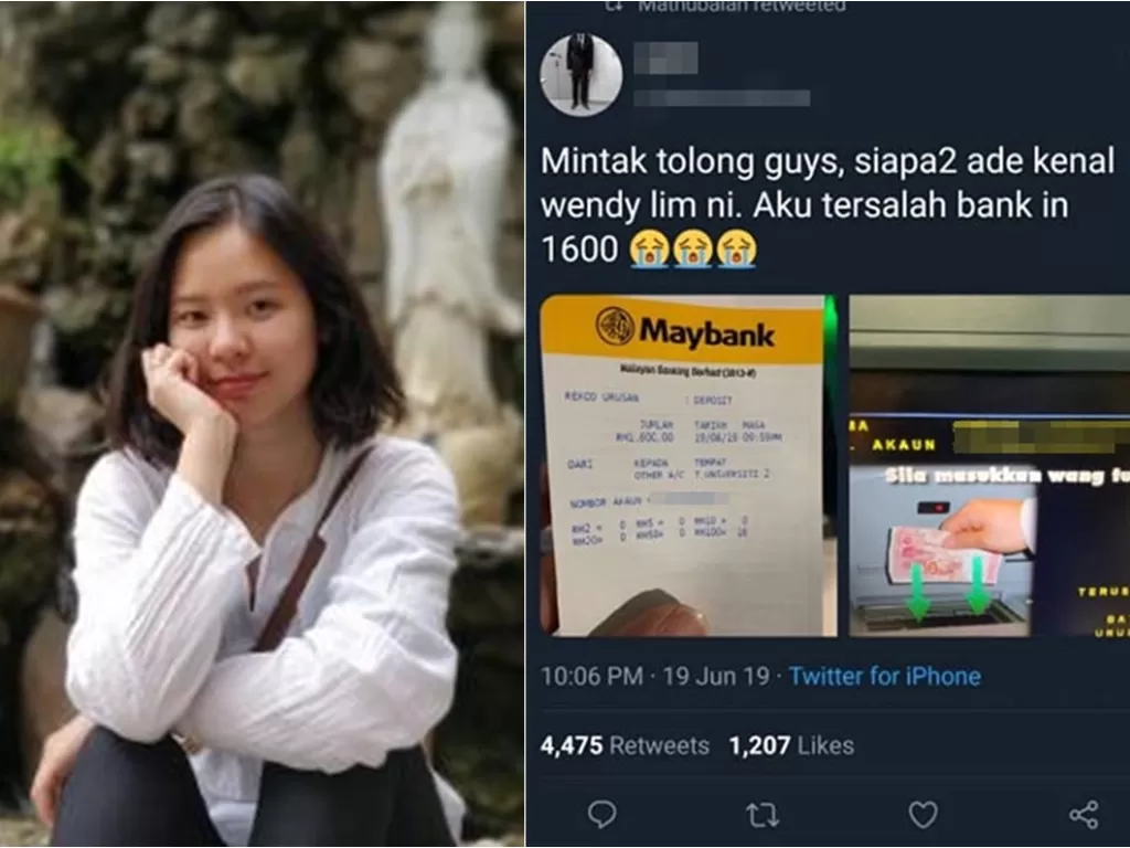 Kiri: Mahasiswi bernama Wendy Lim. Kanan: Cuitan Azim minta tolong warganet untuk melacak keberadaan Wendy (malaysiakini)