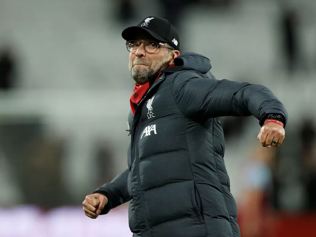 Ekspresi pelatih Liverpool, Jurgen Klopp setelah menang dari West Ham United. (REUTERS/John Sibley)