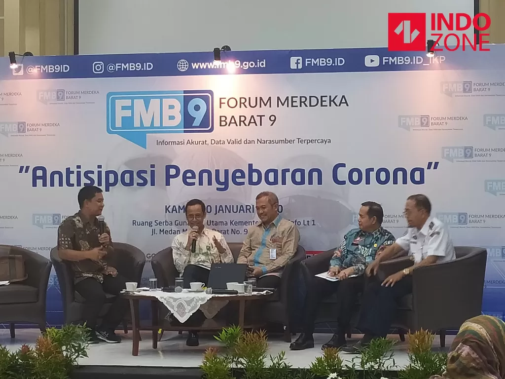 Diskusi Media Forum Merdeka Barat (FMB) 9 bertajuk Antisipasi Penyebaran Corona di Ruang Serba Guna Kementerian Komunikasi dan Informatika Jakarta, Kamis (30/1/2020). (INDOZONE/Mula Akmal)