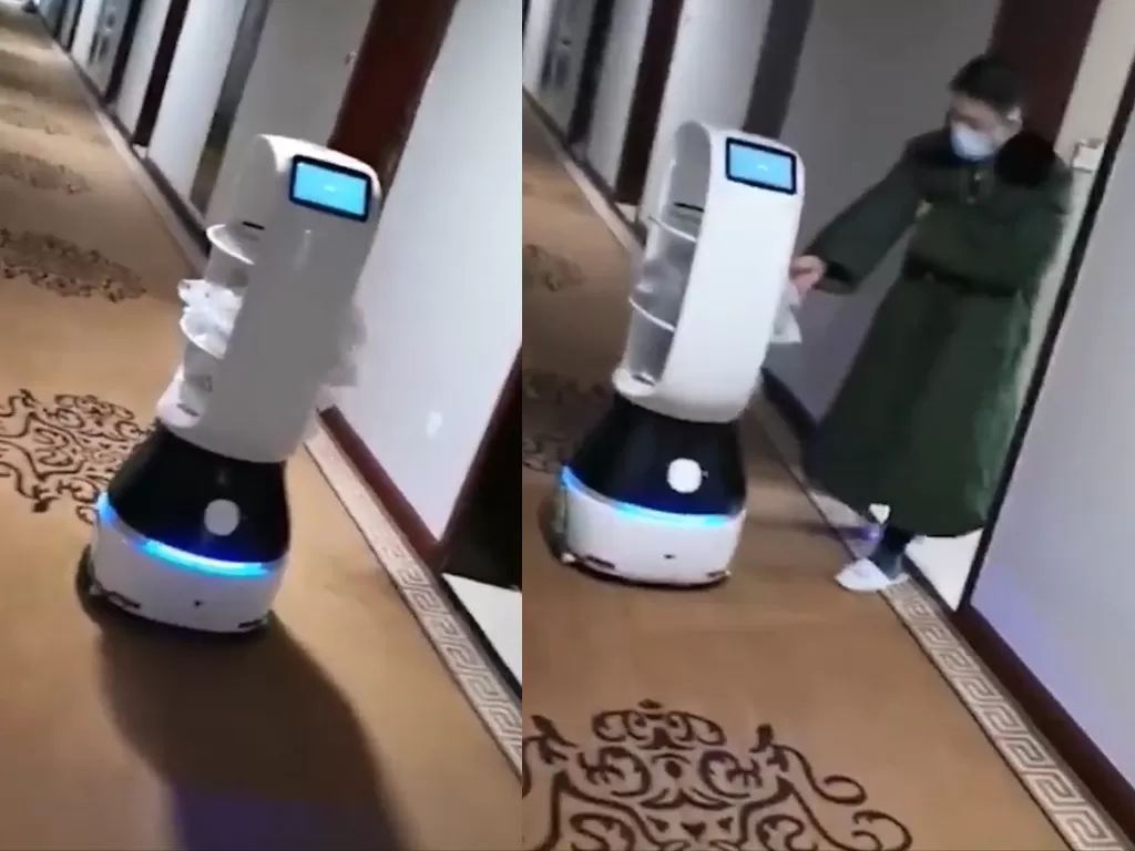 Layanan robot pada sebuah hotel. (photo/Twitter/@XHNews)
