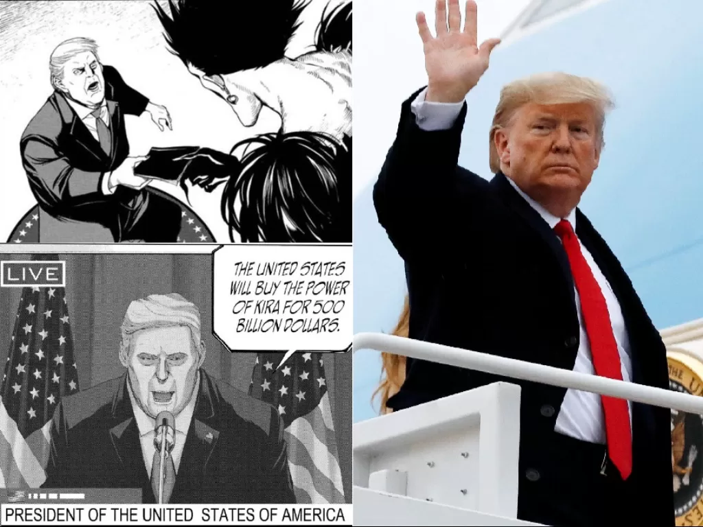 Sosok Donald Trump di manga 'Death Note' (kiri: Twitter/@mberligh, kanan: REUTERS/Yuri Gripas)