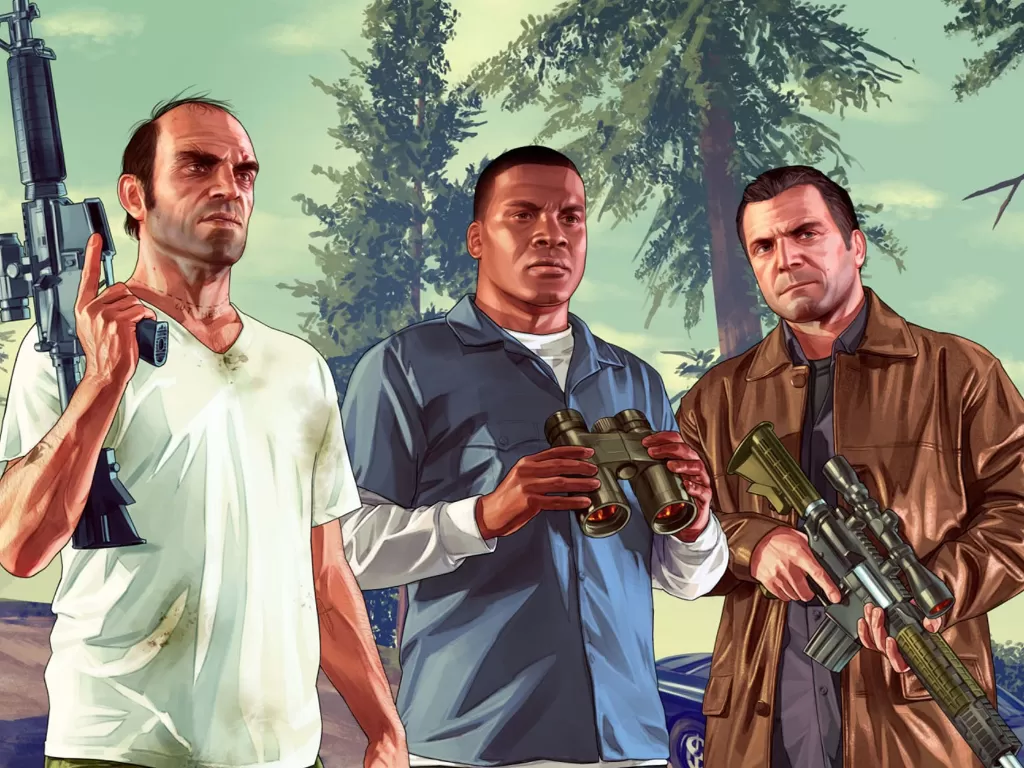 Ilustrasi tiga karakter di game Grand Theft Auto V (photo/Rockstar Games)