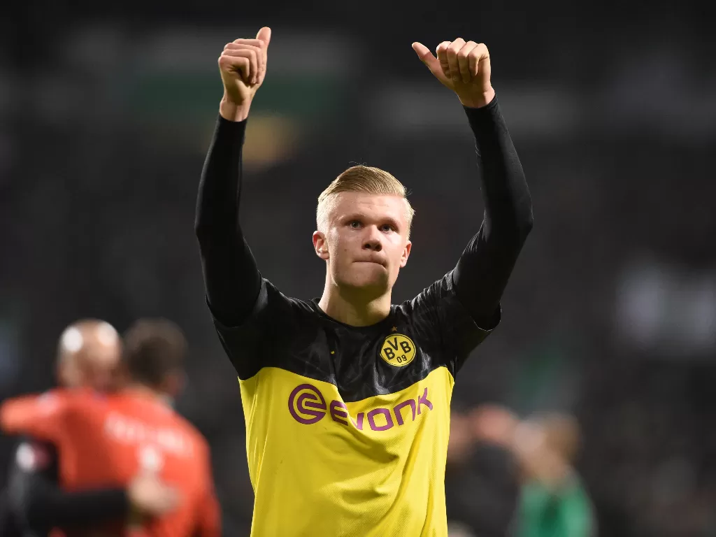 Erling Haaland sukses mencetak gol kedelapannya dalam bersama Borussia Dortmund. (REUTERS/Fabian Bimmer)