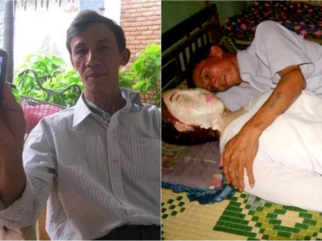 Kiri: Le Van (english.vietnamnet) Kanan: Le Van tampak tidur dengan patung yang diisi jasad istrinya (redwiretimes.com)