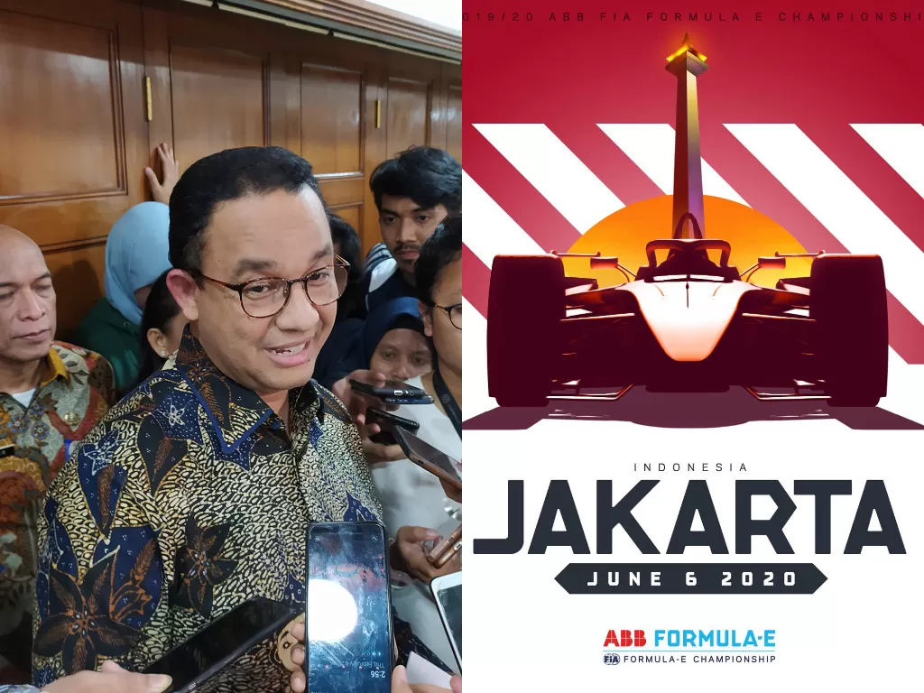 Kiri: Gubernur DKI Jakarta Anies Baswedan (INDOZONE/Murti Ali Lingga), Kanan: Logo Formula E Jakarta (Twitter/@FIAFormulaE)