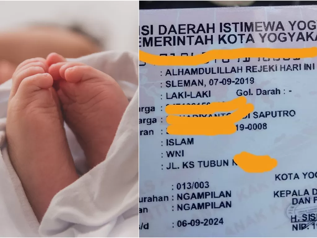 Kiri: ilustrasi seorang bayi (unsplash/Luma Pimentel) Kanan: Kartu identitas anak yang memiliki nama unik (Twitter/@merapi_news)