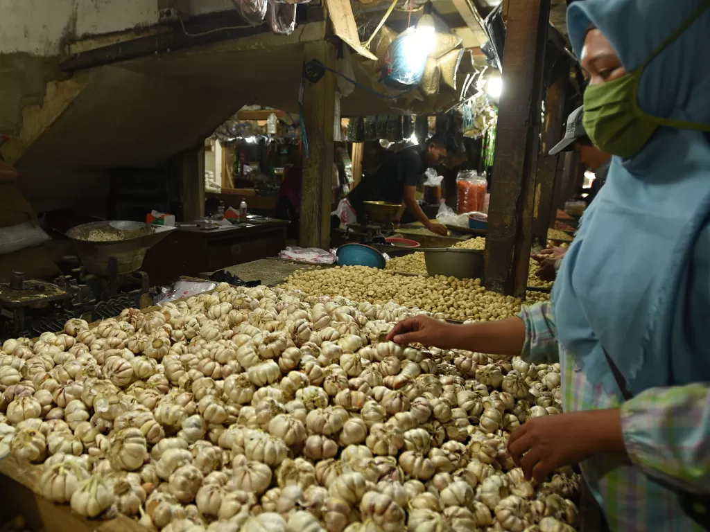 Pedagang menyortir bawang putih di Pasar Induk Rau, Serang, Banten, Kamis (6/2/2020). (ANTARA/Asep Fathulrahman)