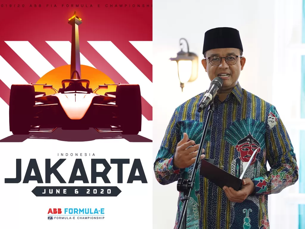 Kiri: Logo Formula E Jakarta (Twitter/@FIAFormulaE), Kanan: Gubernur DKI Jakarta Anies Baswedan (INDOZONE/Arya Manggala)