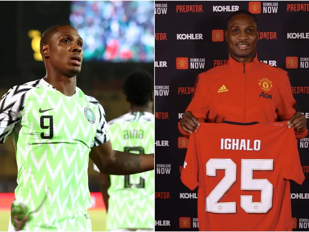 Kiri: (Odion Ighalo membela Nigeria saat melawan Tunisia dalam Africa Cup of Nations 2019). Kanan: (Odion Ighalo saat bergabung dengan Manchester United). (REUTERS/Sumaya Hisham/Twitter/@manutd)