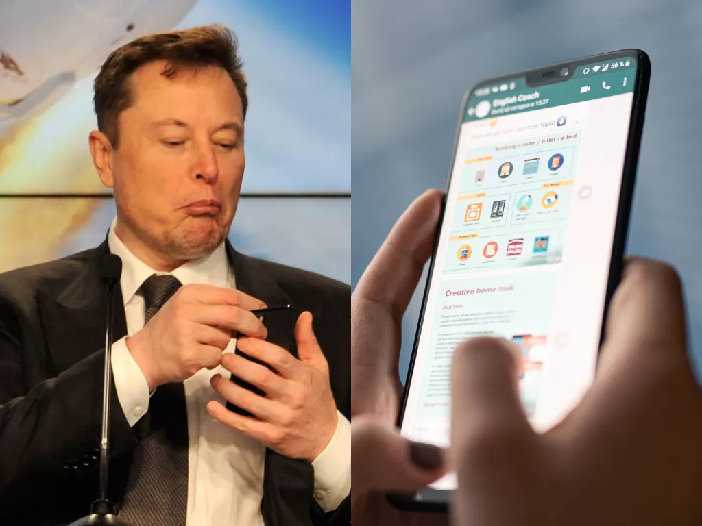 Kiri: Elon Musk, Kanan: Tampilan WhatsApp (photo/REUTERS/Steve Nesius/Unsplash/Antoine Julien)