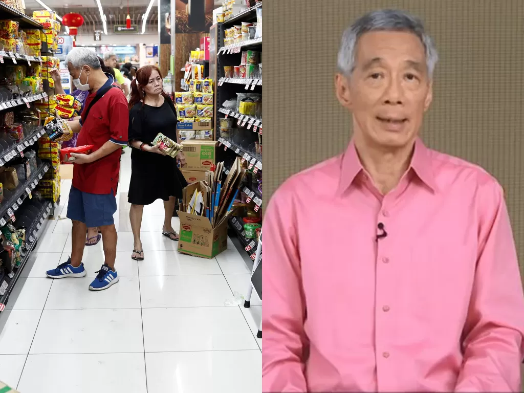 Kiri: Warga Singapura memborong kebutuhan dasar (photo/REUTERS/Edgar Su) Kanan: Perdana Menteri Singapura (photo/YouTube/ Prime Minister's Office, Singapore)