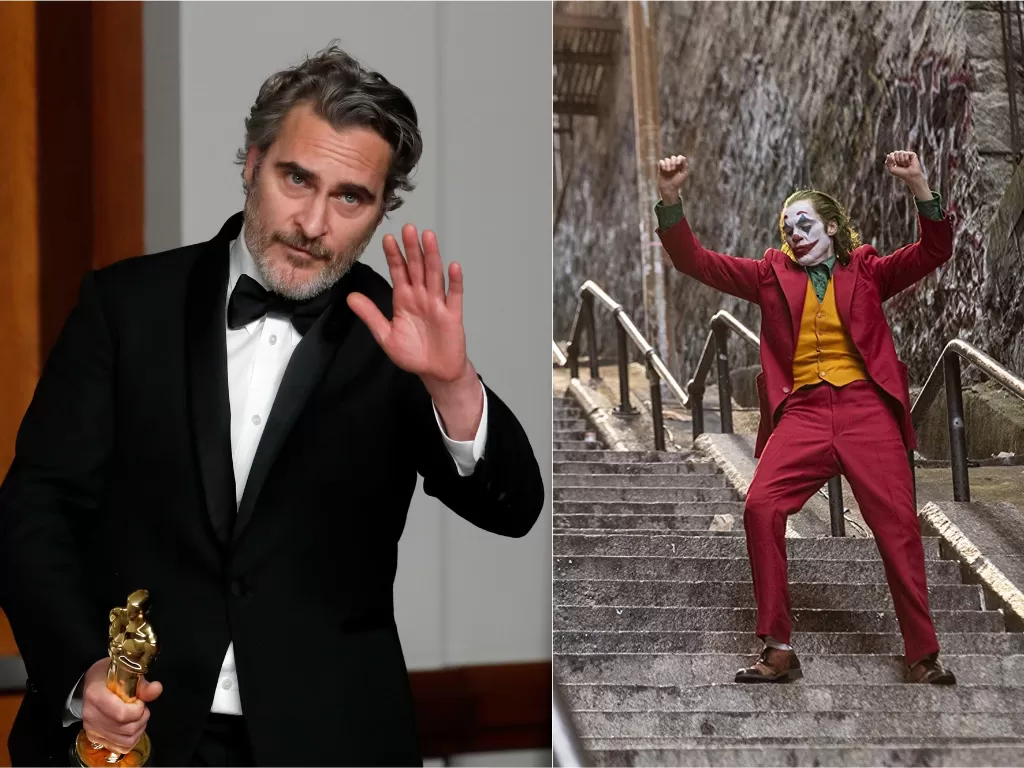 Kiri: Joaquin Phoenix saat memegang piala Oscar 2020 (REUTERS/Lucas Jackson) Kanan: Joaquin Phoenix saat memerankan tokoh Joker (Imdb)