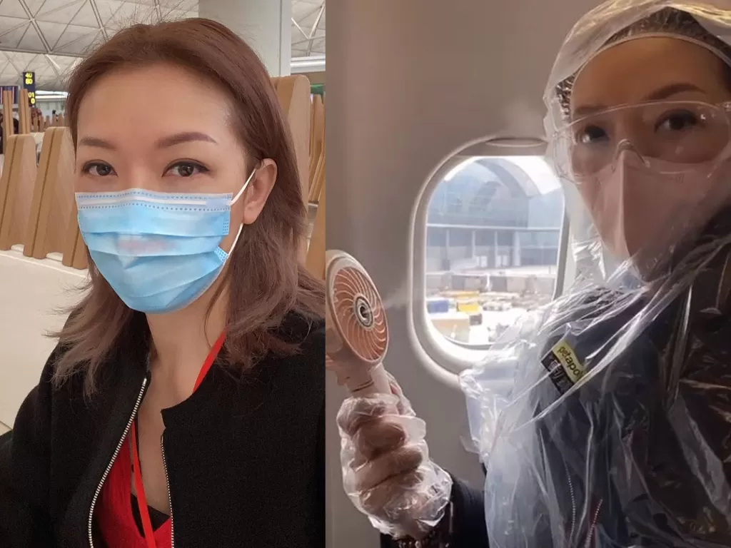Selebriti Florence Kwok sampai pakai jas hujan lengkap dengan masker dan kacamata goggle demi terhindar dari virus korona di dalam penerbangan. (Instagram/Kwok_Florence)