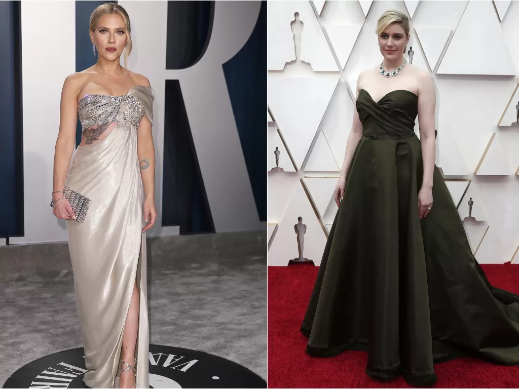 Kiri: Scarlett Johansson tampak cantik dengan anting bernilai fantastis (REUTERS/Danny Moloshok). Kanan: Greta Gerwig saat menghadiri Oscar 2020 (REUTERS/Eric Gaillard)