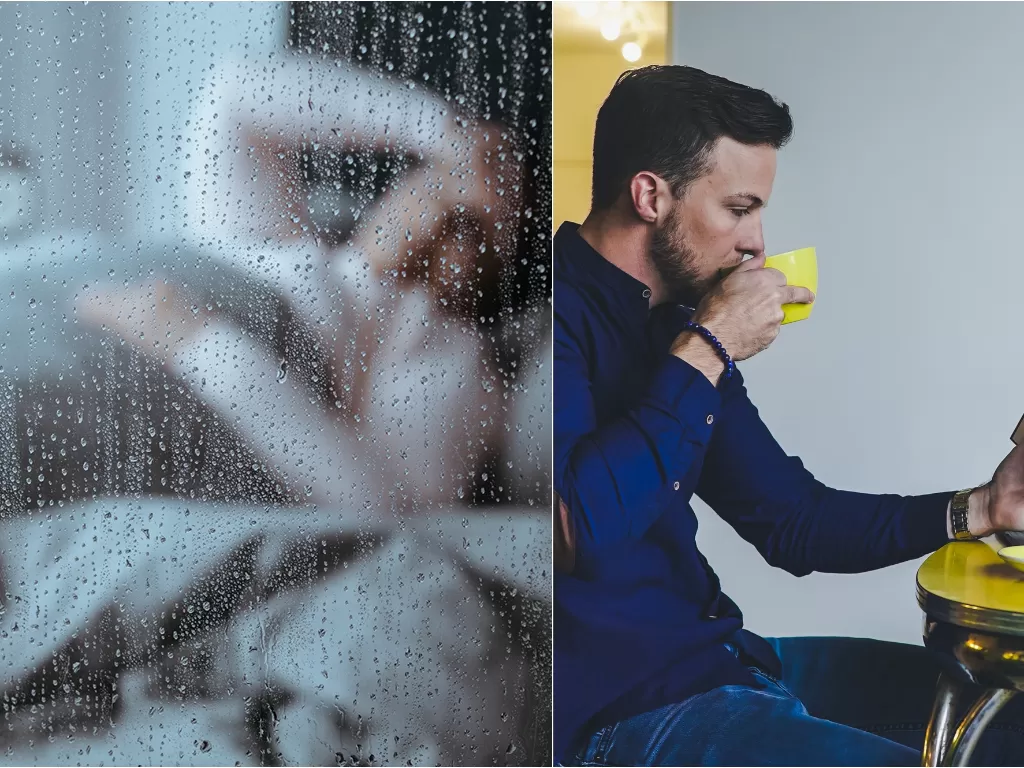 Kiri: ilustrasi orang rebahan saat hujan (sleep) Kanan: Ilustrasi orang minum coklat panas saat hujan (unsplash/Chris Benson)