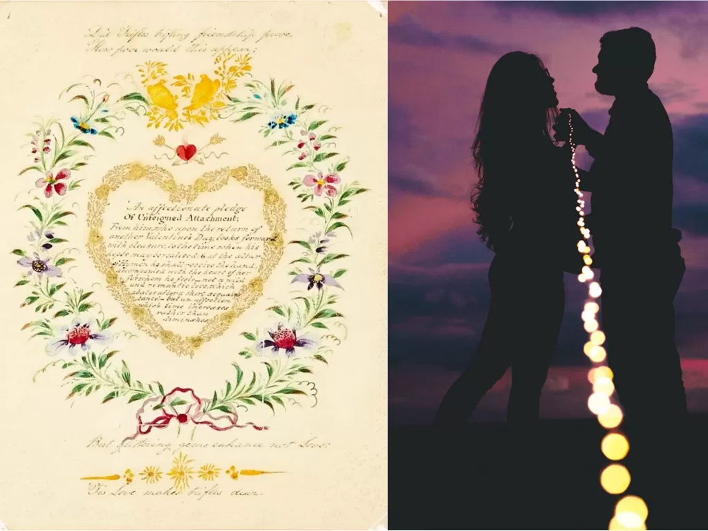 Kiri: Surat cinta tertua di dunia (hansonsauctioneers) / Kanan: Ilustrasi pasangan merayakan valentine (Unsplash)