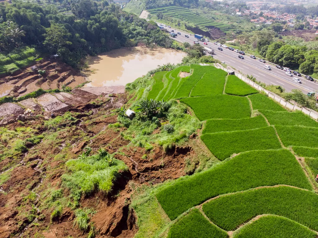 Foto udara area persawahan yang longsor akibat pergerakan tanah di Desa Sukatani, Ngamprah, Kabupaten Bandung Barat, Jawa Barat, Rabu (12/2/2020). (ANTARA FOTO/M Agung Rajasa)