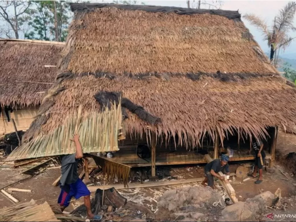 Warga Baduy bergotong royong untuk membangun kembali rumah tradisional Sulah Nyanda di Kampung Kadugede, Desa Kanekes, Lebak, Banten (ANTARA FOTO/Muhammad Bagus Khoirunas)