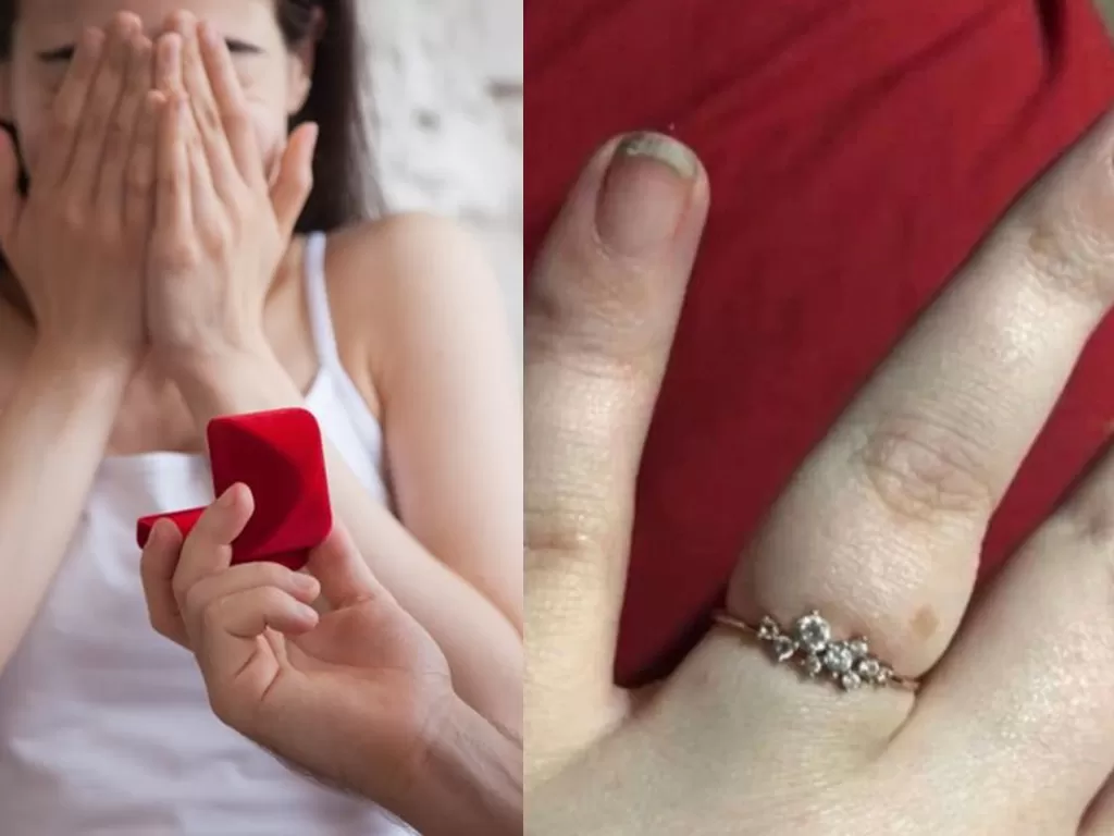 Kiri: Ilustrasi dilamar kekasih. (photo/Ilustrasi/pexels) Kanan: Jari manis sang pengantin wanita berserta cinin tunangan. (photo/Facebook)