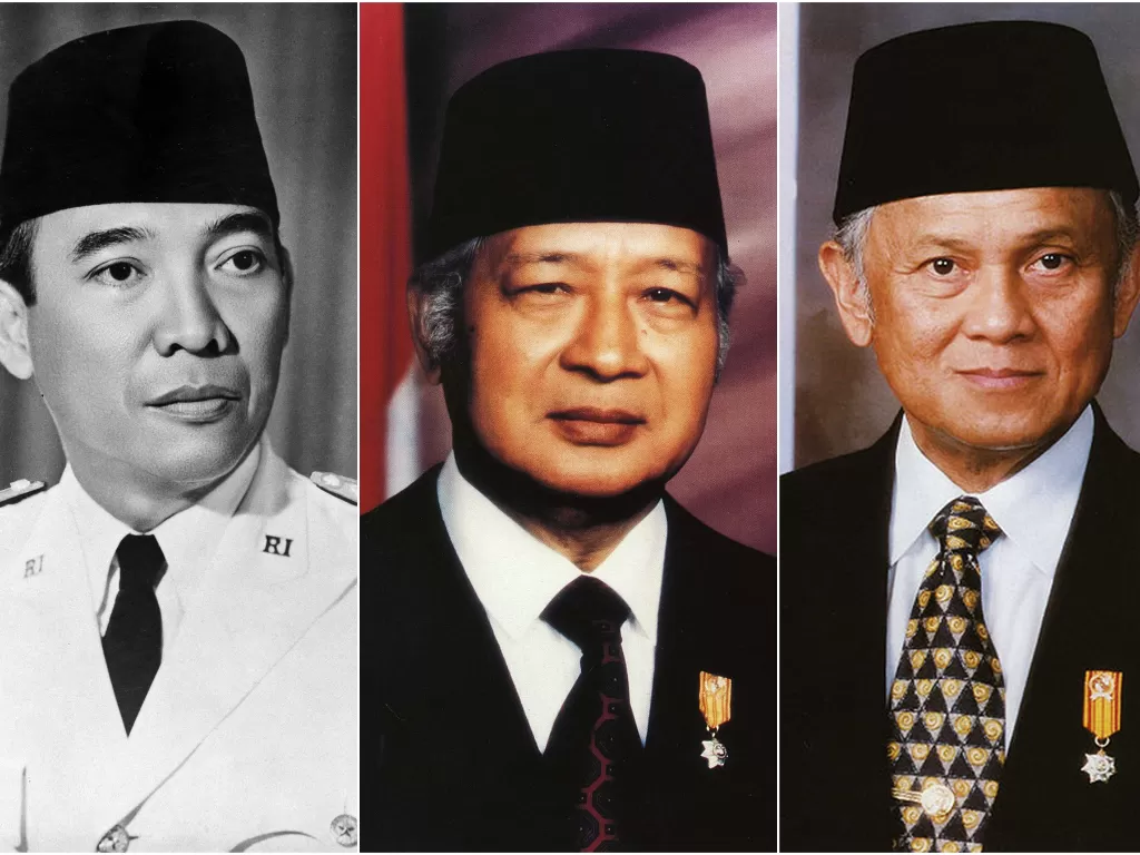 Kiri: Presiden Soekarno (Wikipedia). Tengah: Presiden Soeharto (Wikipedia). Kanan: Presiden B.J. Habibie (Wikipedia)