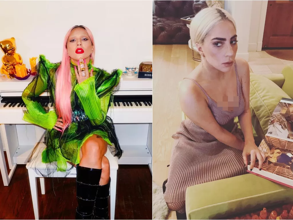 Kiri: Lady Gaga dengan wajah yang diberi polesan makeup Kanan: Potret Lady Gaga dengan gaya sederhana (instagram/@ladygaga)