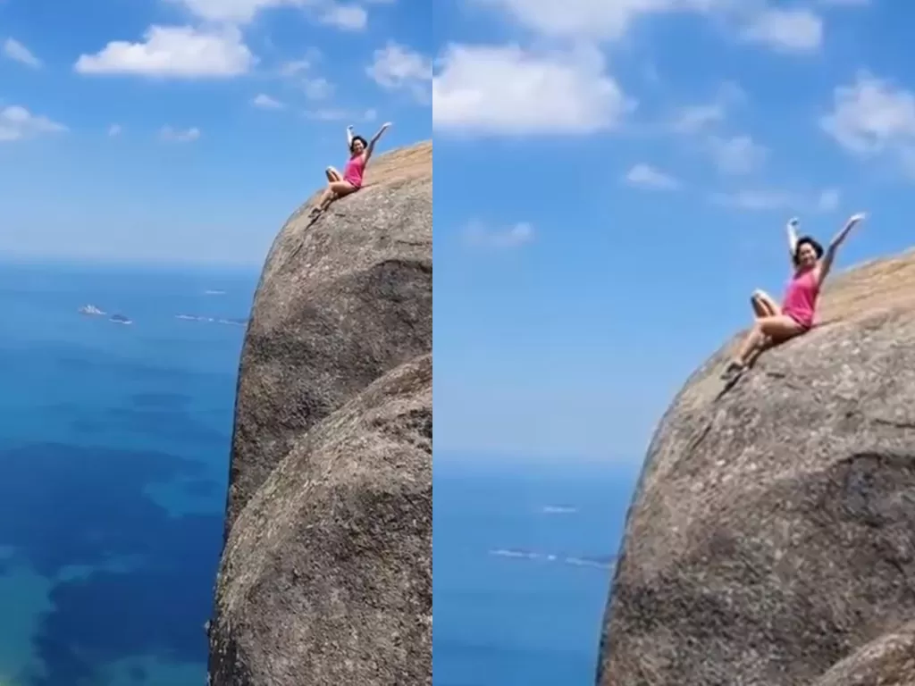 Turis perempuan di Brasil nekat berfoto di tebing curam tanpa pengaman satu pun. (Tangakapan layar/Twitter)