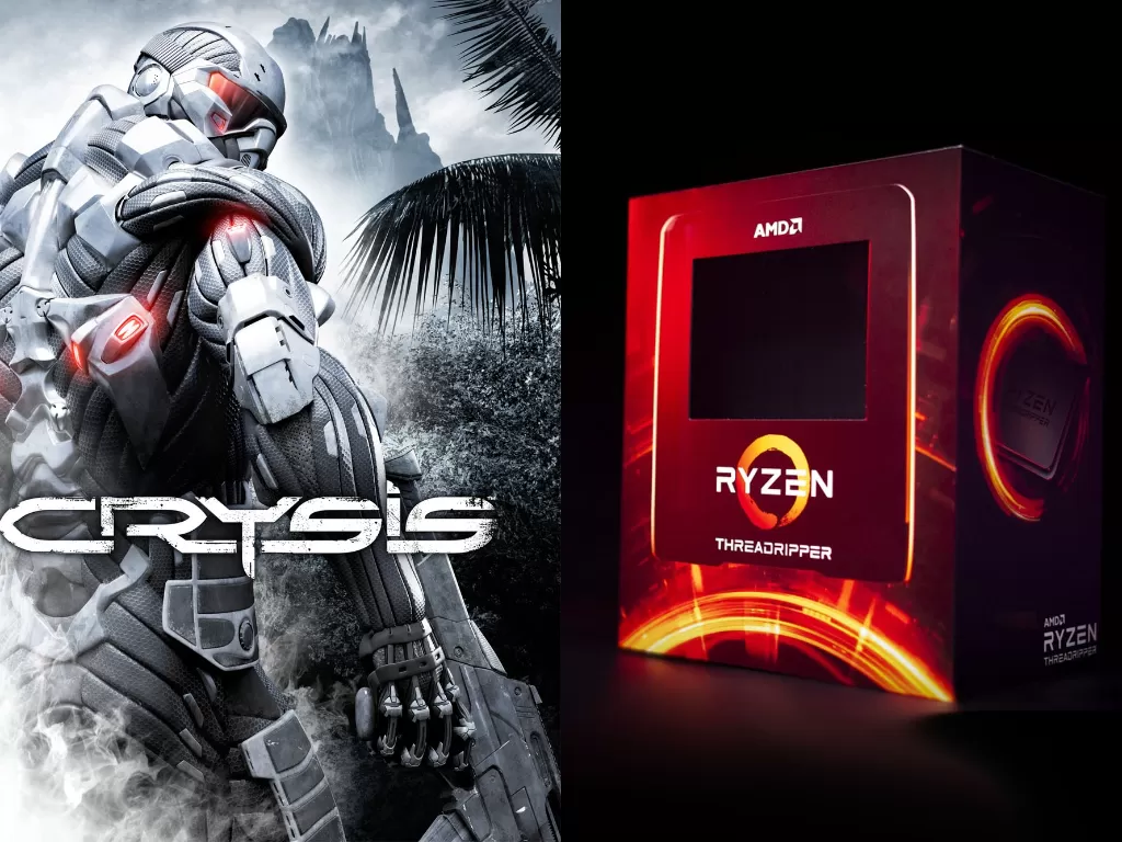 Kiri: Game Crysis, Kanan: Prosesor AMD Ryzen Threadripper 3990X (photo/Crytek/PCWorld)