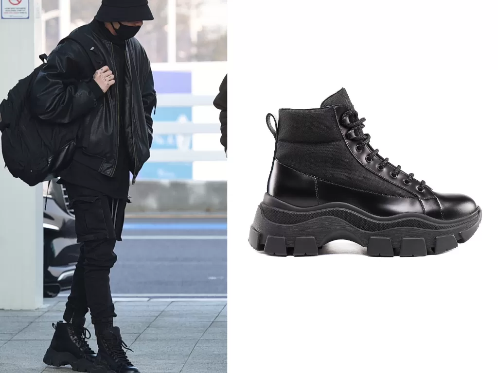 Penampilan Jungkook saat muncul di Bandara Incheon sita perhatian warganet, termasuk sepatu boot miliknya. (Twitter/@jeonggukpics.)