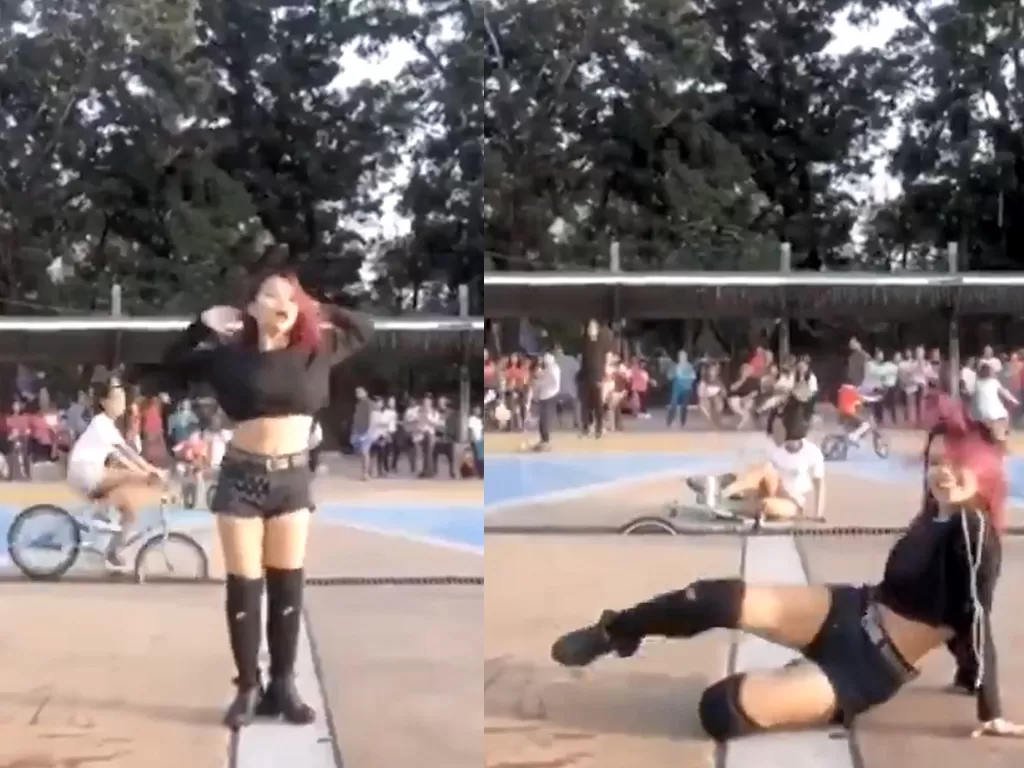 Seorang bocah jatuh dari sepeda saat grub dancer sedang menampilkan tariannya. (photo//Twitter/@bdgfess)