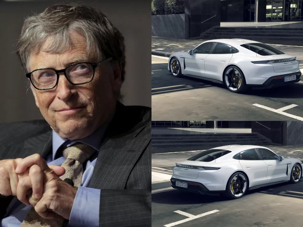 Kiri: Bill Gates, Kanan: mobil Porsche Taycan (photo/REUTERS/Joshua Roberts/Porsche)