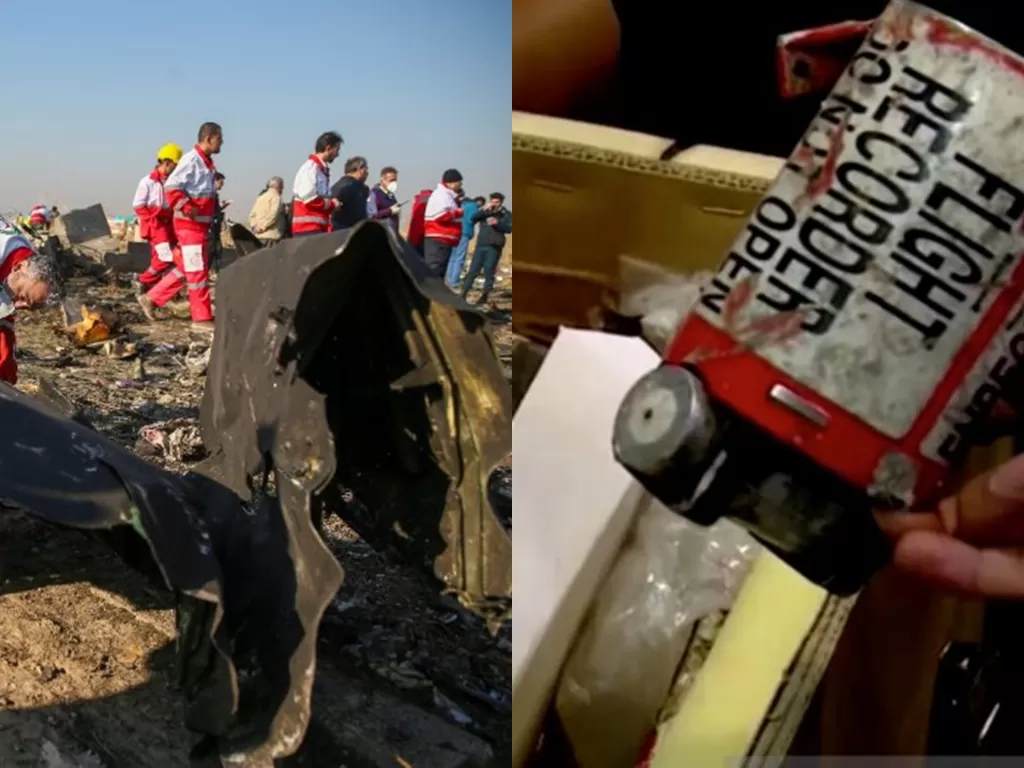 Kiri: puing-puing pesawat ukraina yang jatuh akibat ditembak / Kanan: Kotak hitam yang didapat dari pesawat Ukraina (REUTERS/Wanna News Agency)