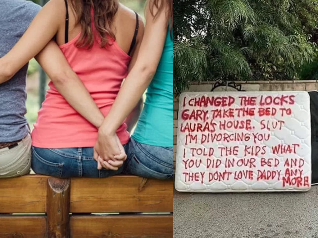 Kiri: Ilustrasi perselingkuhan (thoughcatalog) / kanan: pesan menohok seorang wanita untuk suaminya (Reddit)
