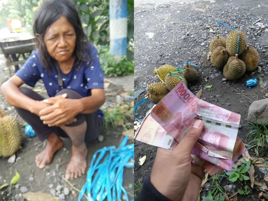 Penjual durian yang ditipu pembelinya dengan uang palsu (Facebook/Fandi Achmad Pahalawan)