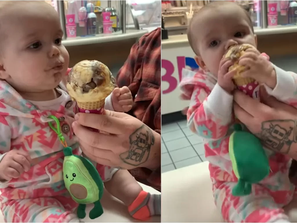 Potret bayi menggemaskan yang ketagihan makan es krim saat pertama kali mencicipi (screenshoot/YouTube/Caters Clips)