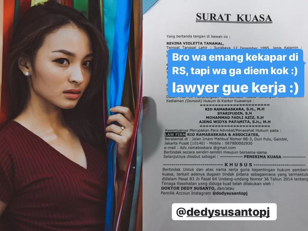 Selebgram Revina VT menggaet 4 pengacara untuk melawan Dedy Susanto (Instagram/@revinavt)