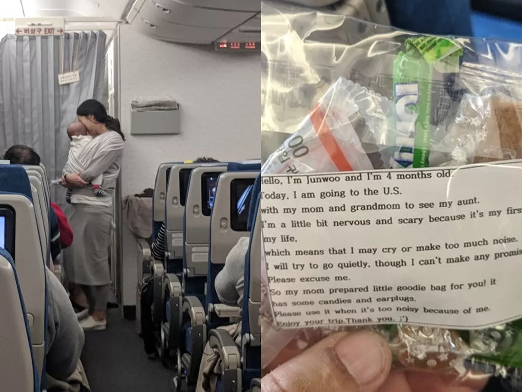 Seorang ibu membagikan goodie bag untuk penumpang pesawat (Facebook/Dave Corona)