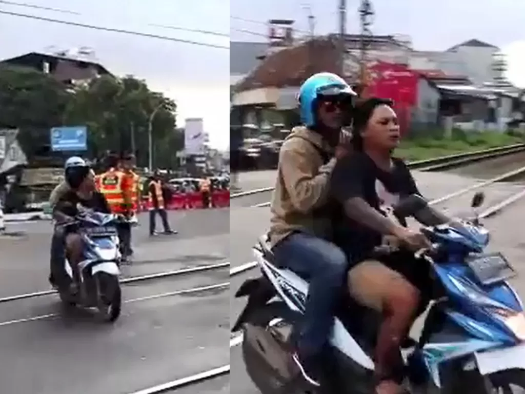 Pengendara motor yang tak menggunakan helm dan menerobos pintu rel kereta. (photo/Instagram/@edansepurid)