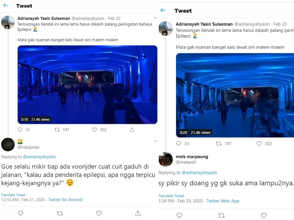 Netizen keluhkan lampu terowongan kendal (Twitter/@adriansyahyasin)